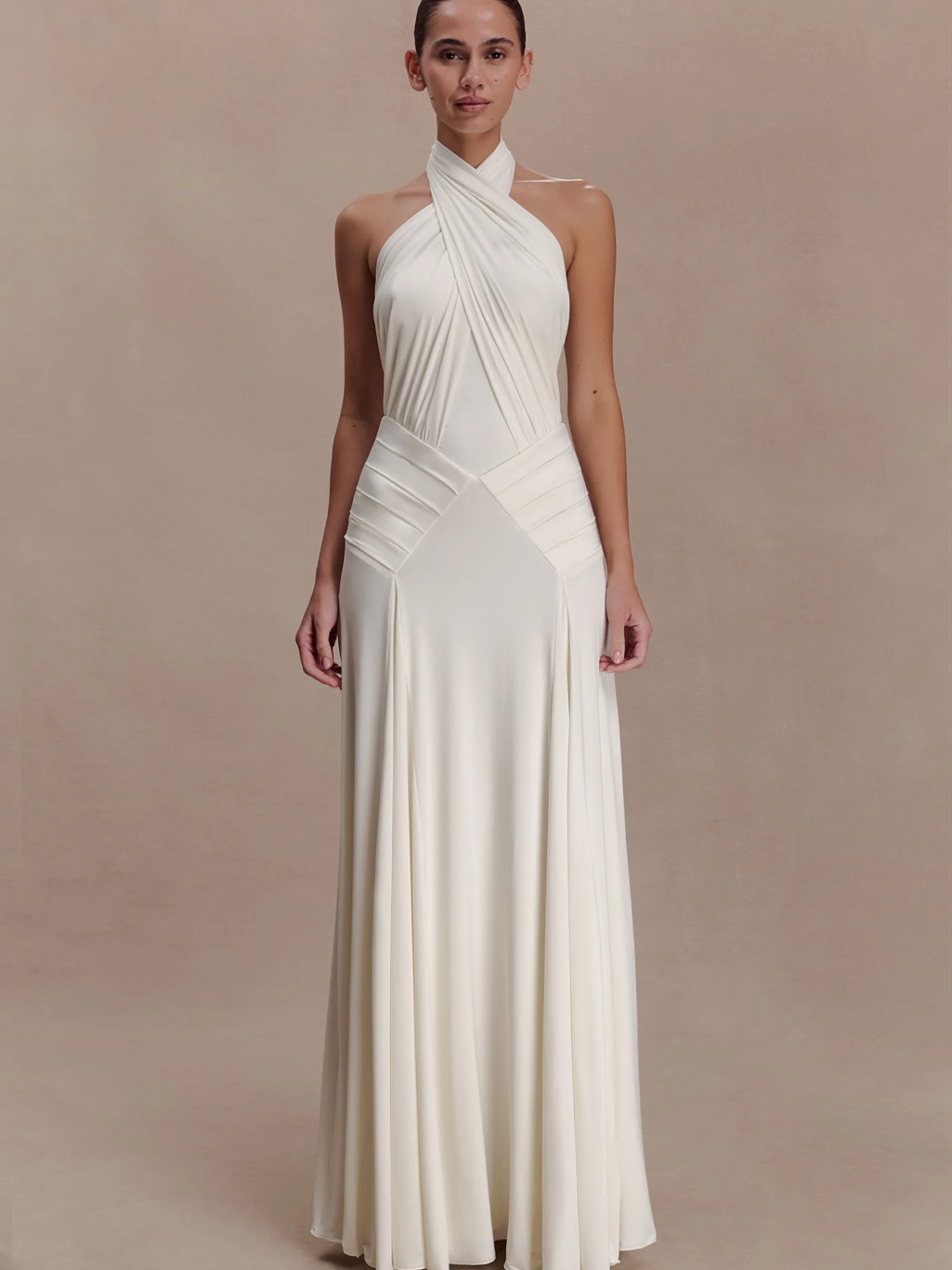 Nwt Meshki Indira Gathered Slinky Halter Maxi Dress - Ivory Xs